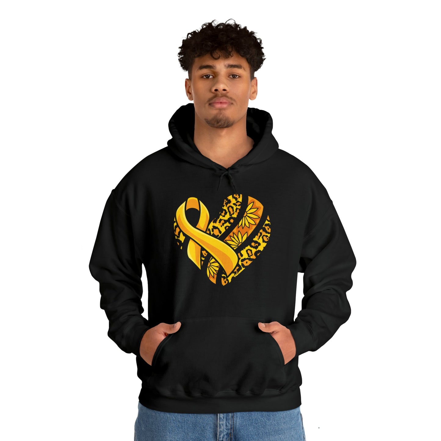 Childhood Cancer Heart Ribbon with Leopard Print and Flowers Heavy Blend™ Hooded Sweatshirt