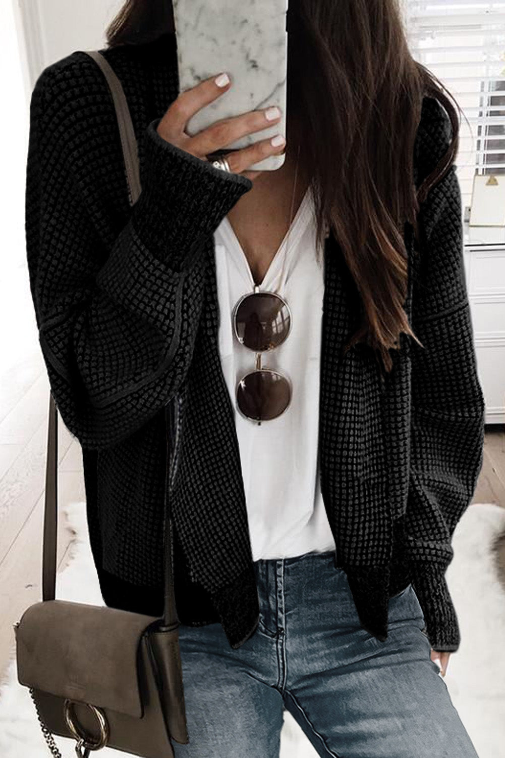 Gray Chunky Waffle Knit Oversized Collar Cardigan