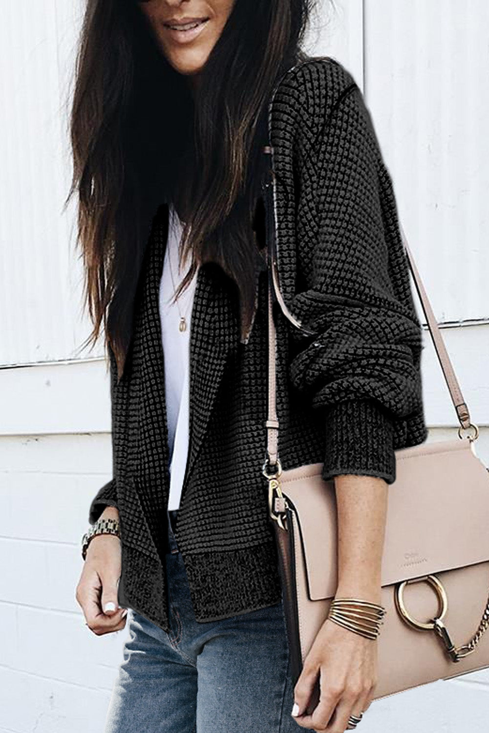 Gray Chunky Waffle Knit Oversized Collar Cardigan