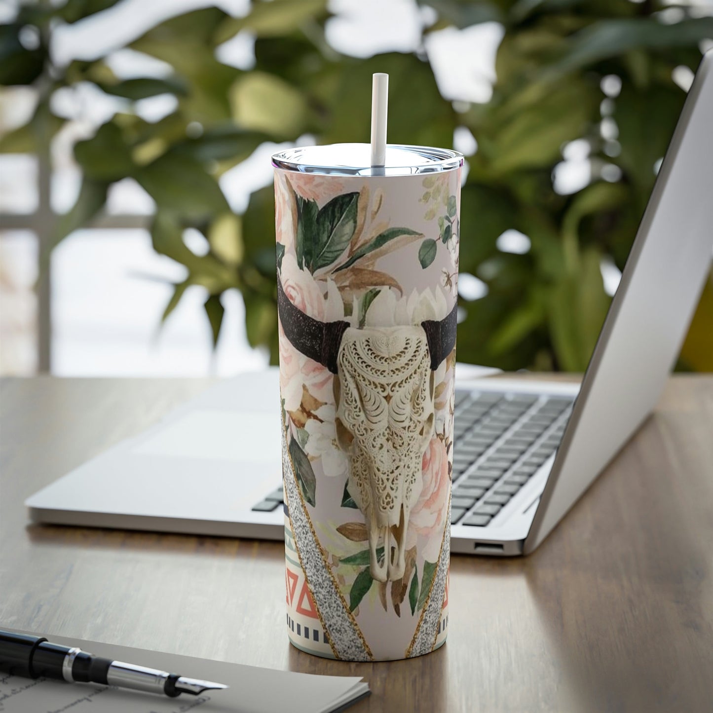 Floral Bill Skull - Skinny  Tumbler