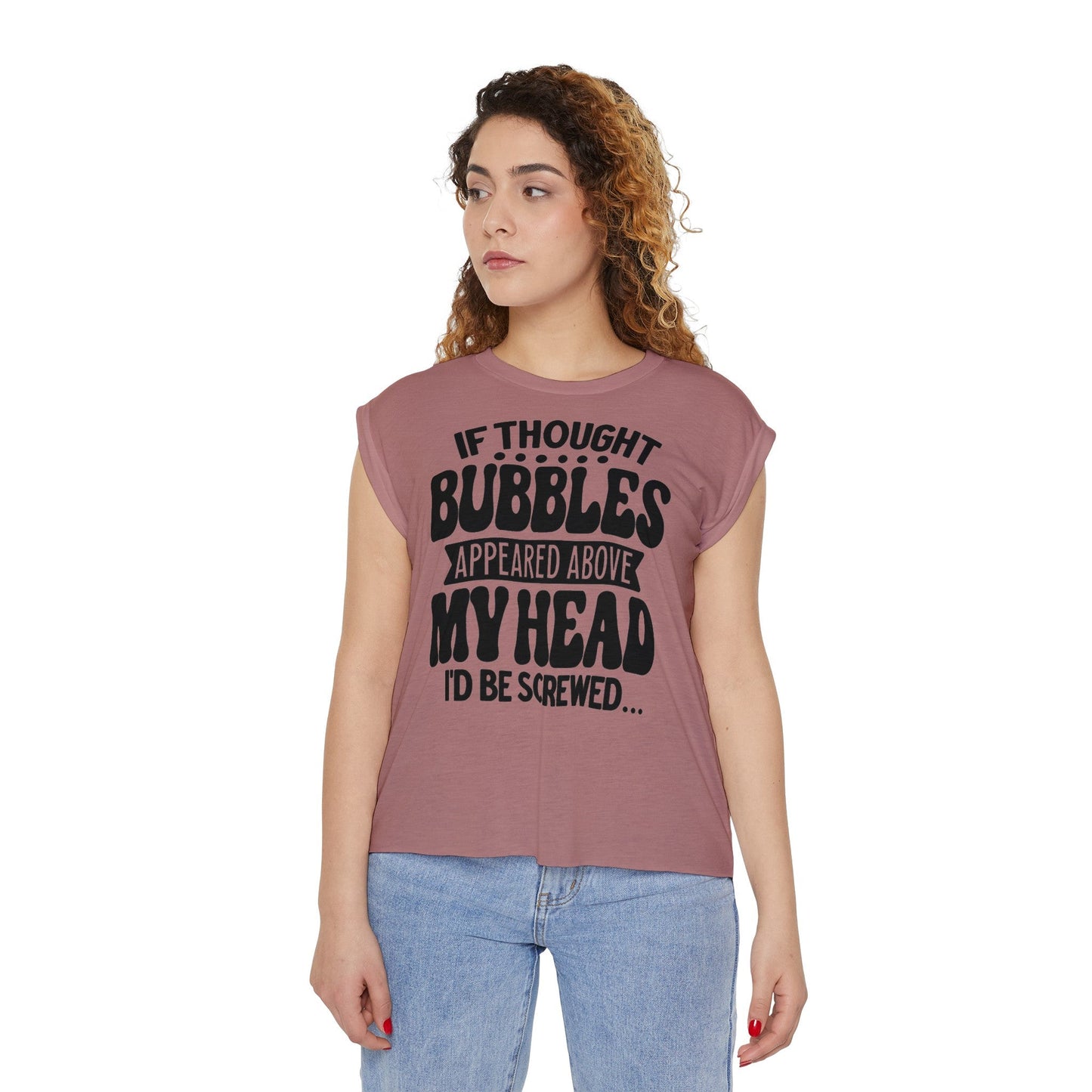 Thought Bubbles Women’s Flowy Rolled Cuffs Muscle Tee