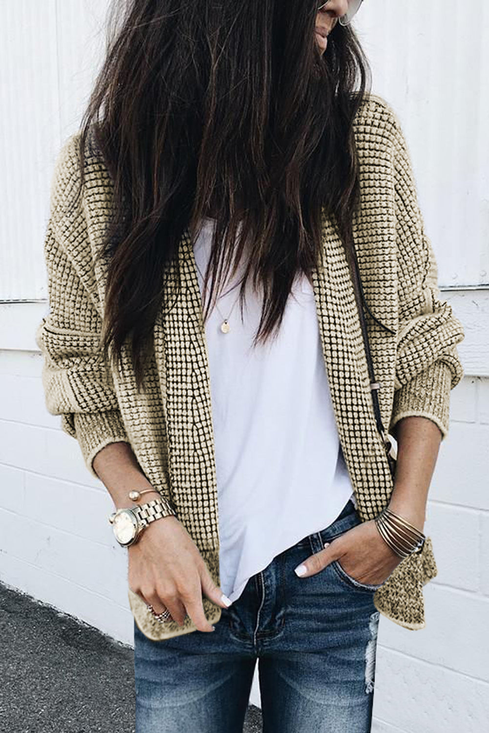 Gray Chunky Waffle Knit Oversized Collar Cardigan