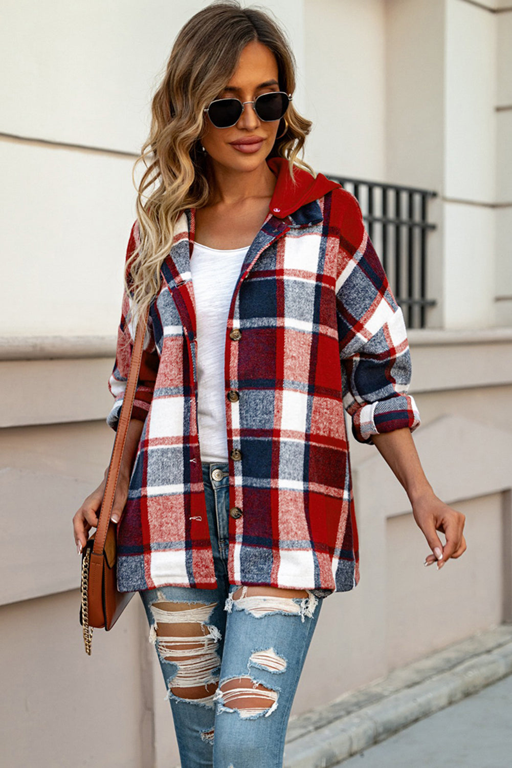 Red Printed Plus Size Plaid Button up Hooded Jacket