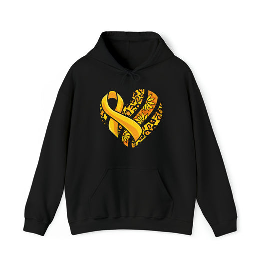 Childhood Cancer Heart Ribbon with Leopard Print and Flowers Heavy Blend™ Hooded Sweatshirt