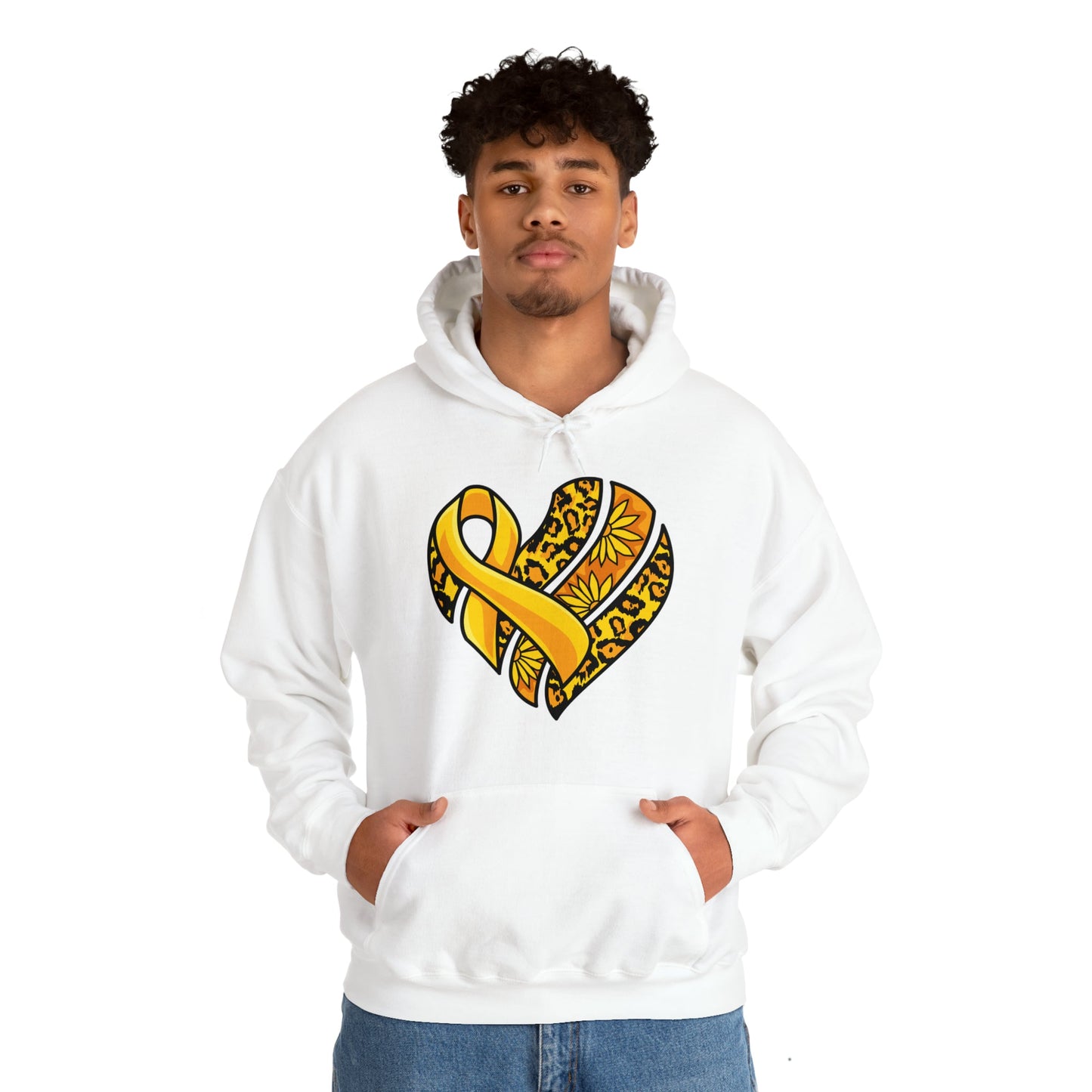 Childhood Cancer Heart Ribbon with Leopard Print and Flowers Heavy Blend™ Hooded Sweatshirt