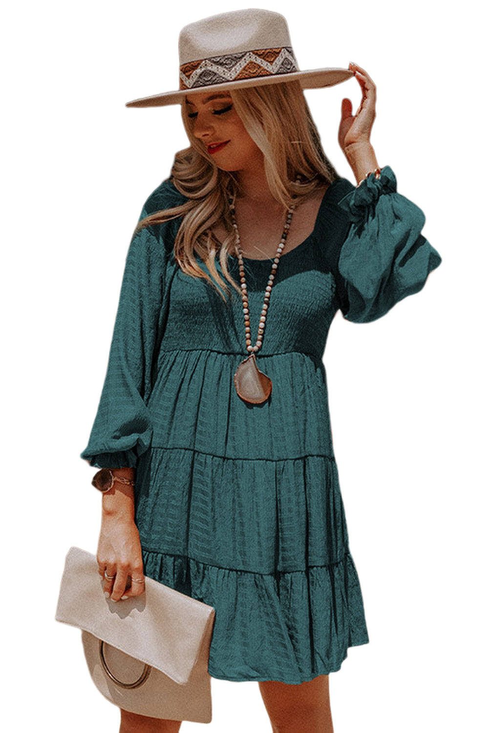 Chestnut Plus Size Smocked Ruffled Sleeve Tiered Mini Dress