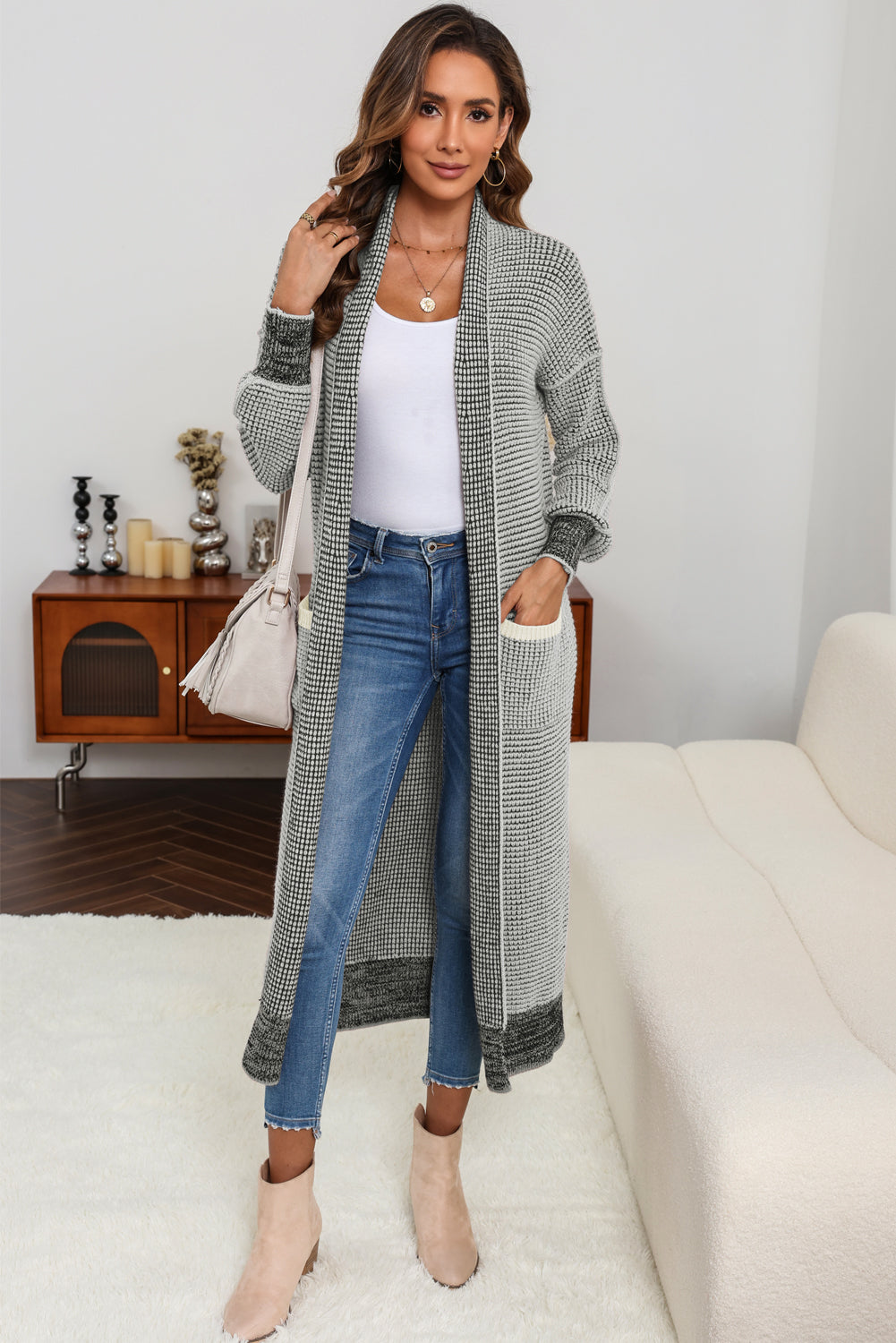 Gray Chunky Waffle Knit Oversized Collar Cardigan