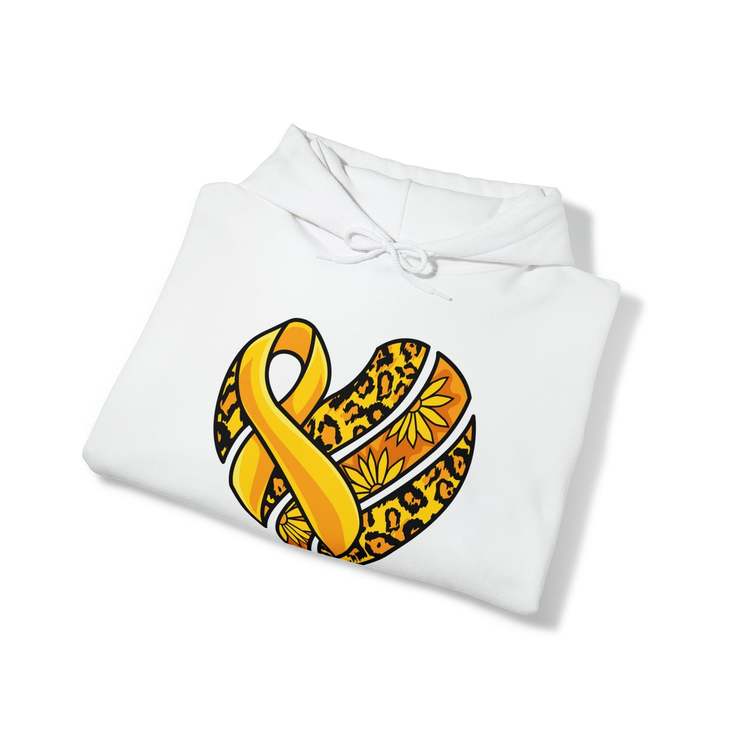 Childhood Cancer Heart Ribbon with Leopard Print and Flowers Heavy Blend™ Hooded Sweatshirt