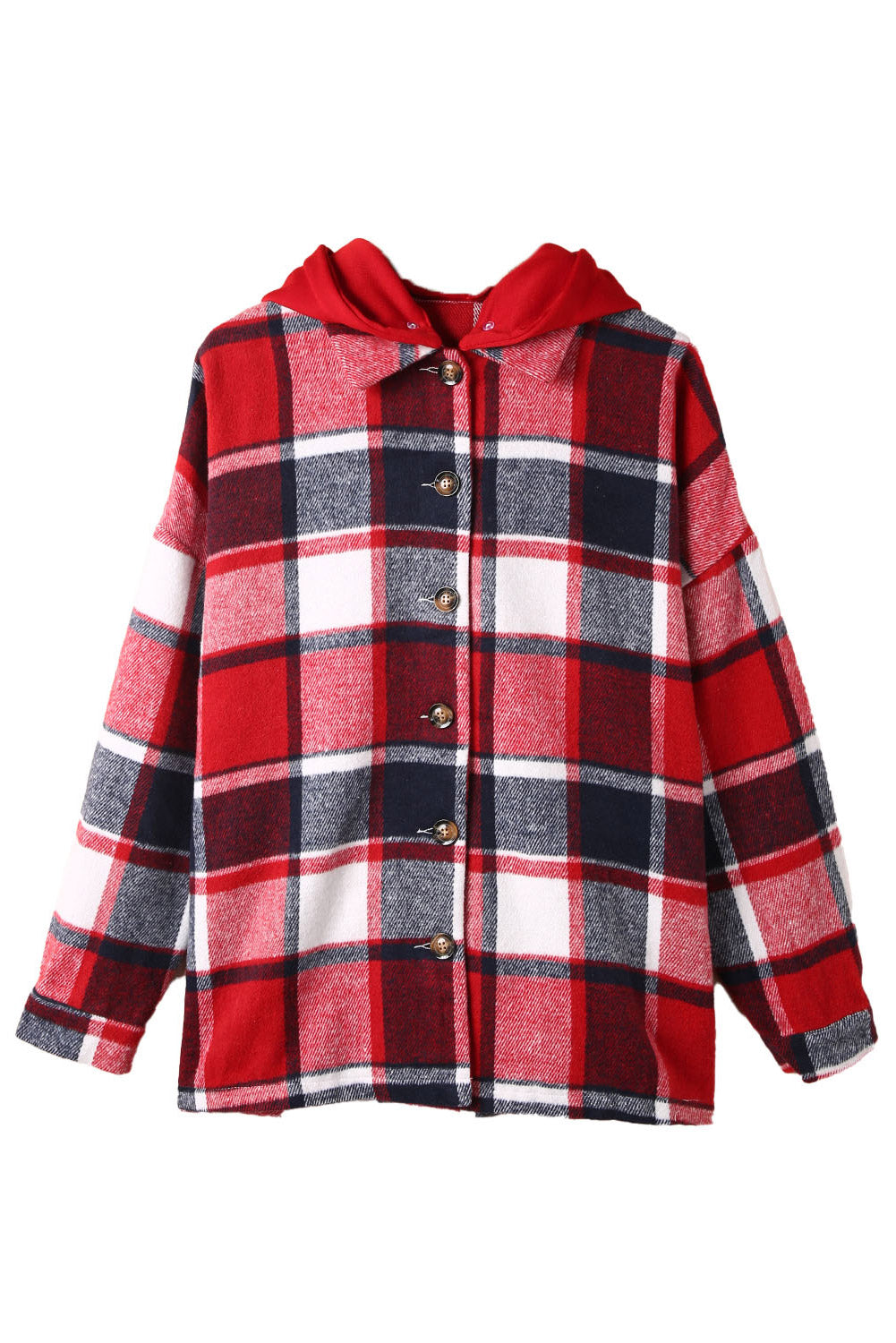 Red Printed Plus Size Plaid Button up Hooded Jacket