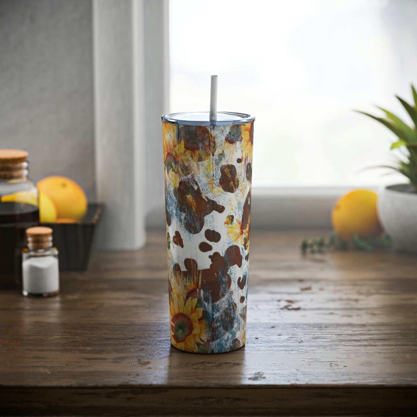 Cowhide and Sunflowers- Skinny Tumbler