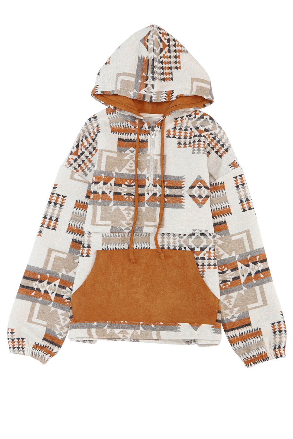 Beige Aztec Print Kangaroo Pockets Plus Size Hoodie