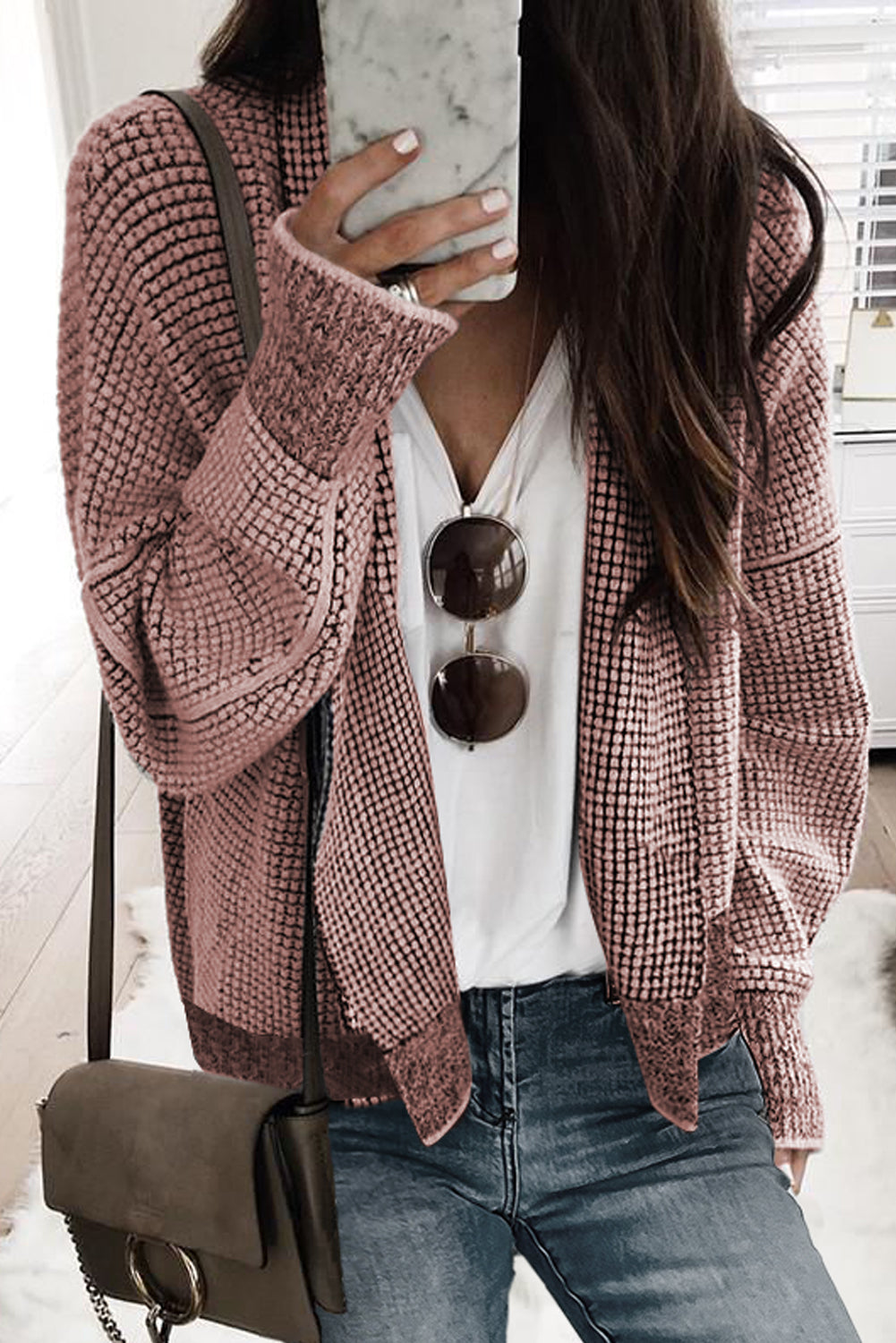 Gray Chunky Waffle Knit Oversized Collar Cardigan