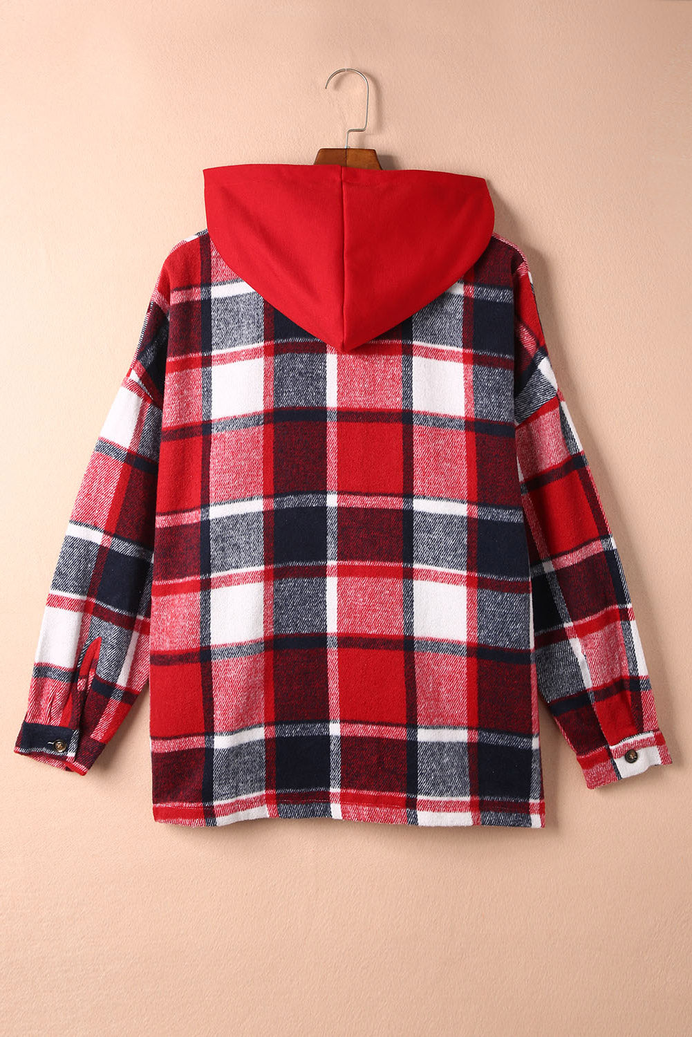 Red Printed Plus Size Plaid Button up Hooded Jacket