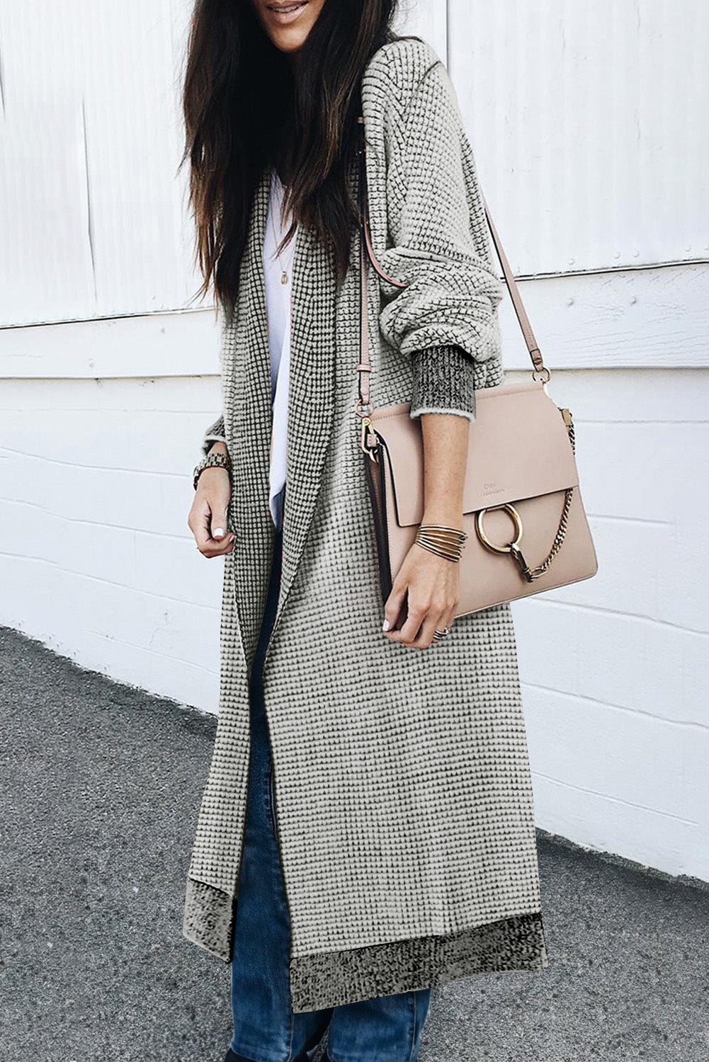 Gray Chunky Waffle Knit Oversized Collar Cardigan