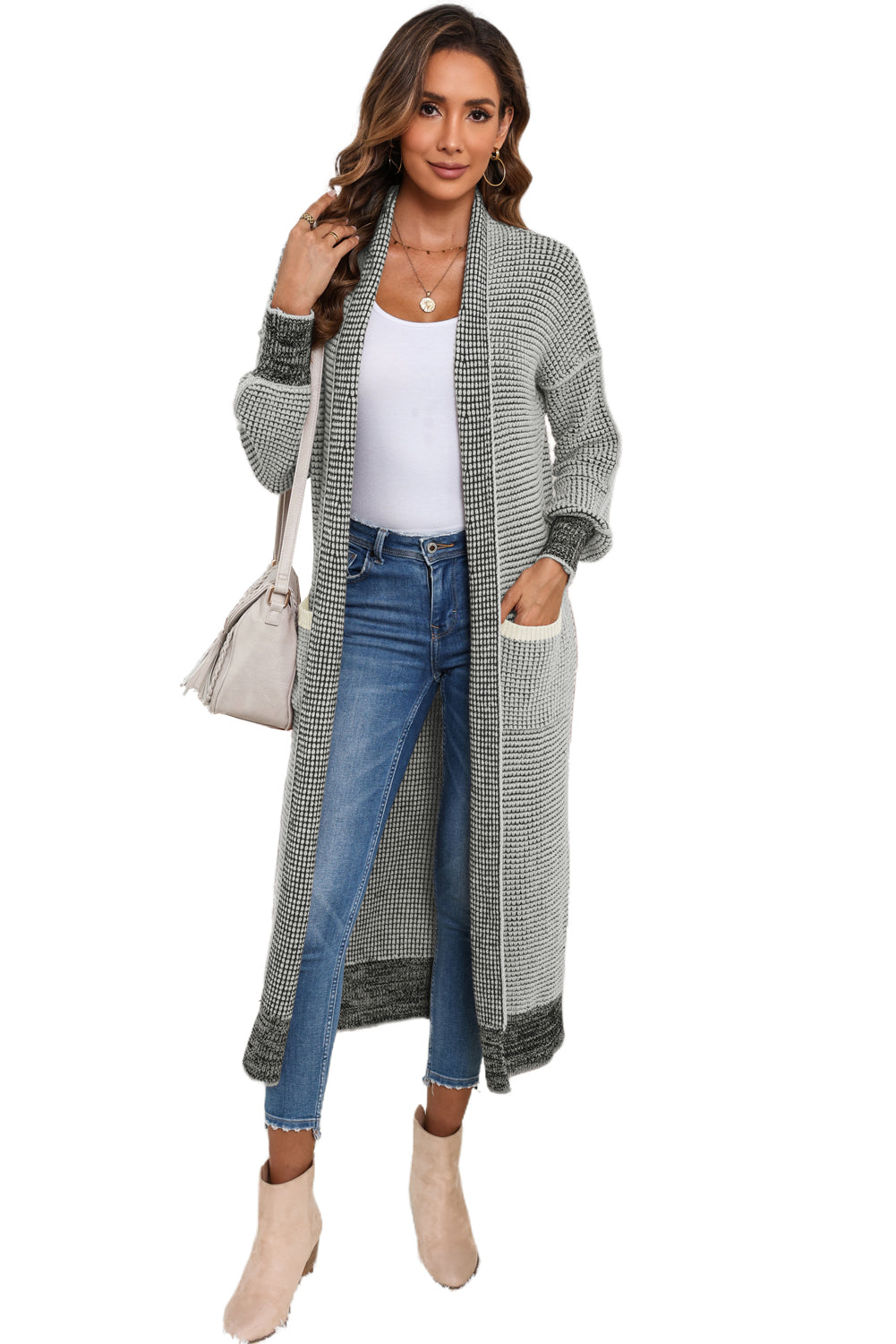 Gray Chunky Waffle Knit Oversized Collar Cardigan