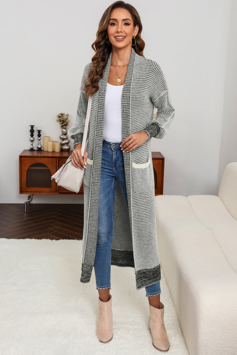 Gray Chunky Waffle Knit Oversized Collar Cardigan