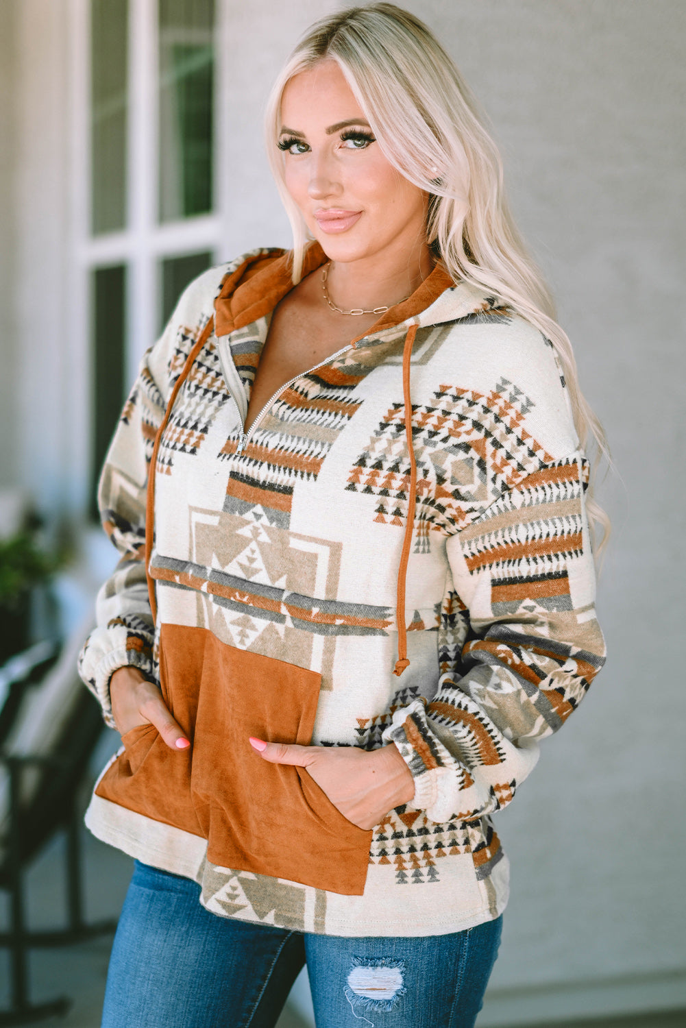 Beige Aztec Print Kangaroo Pockets Plus Size Hoodie