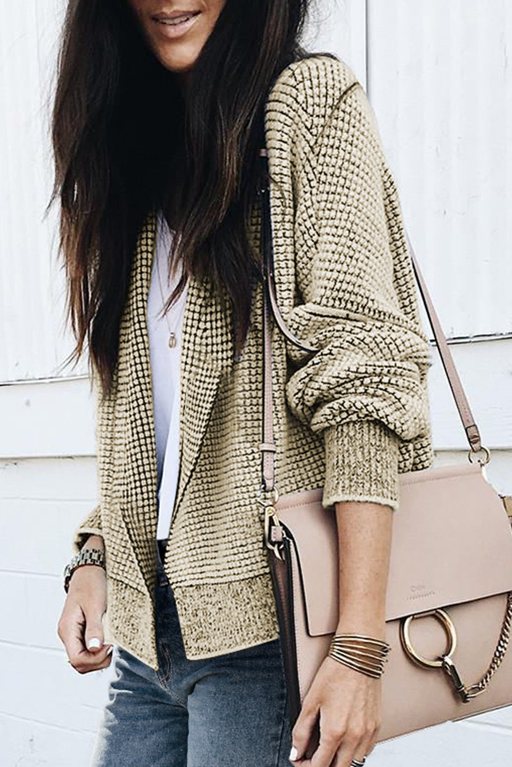 Gray Chunky Waffle Knit Oversized Collar Cardigan