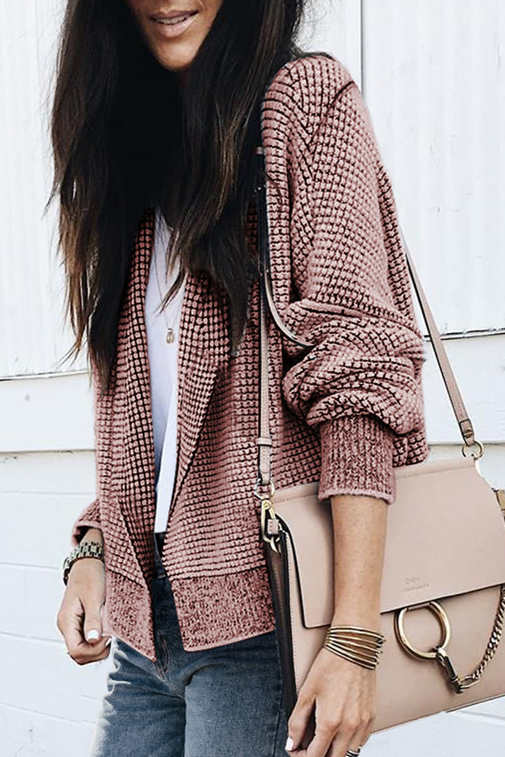 Gray Chunky Waffle Knit Oversized Collar Cardigan